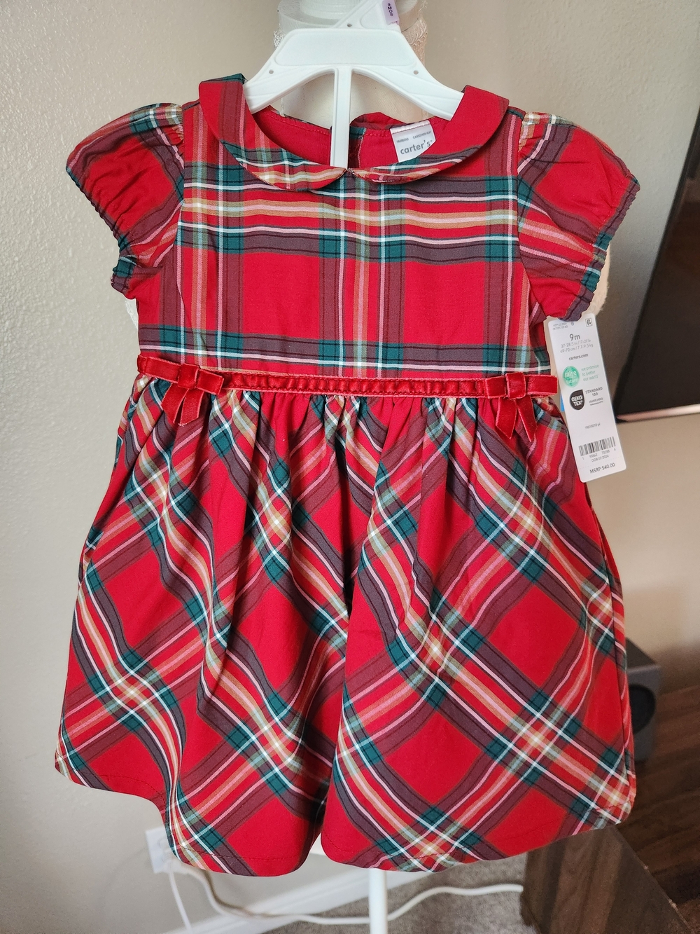 Carter's Red and Green Plaid Dress with Velvet Trim